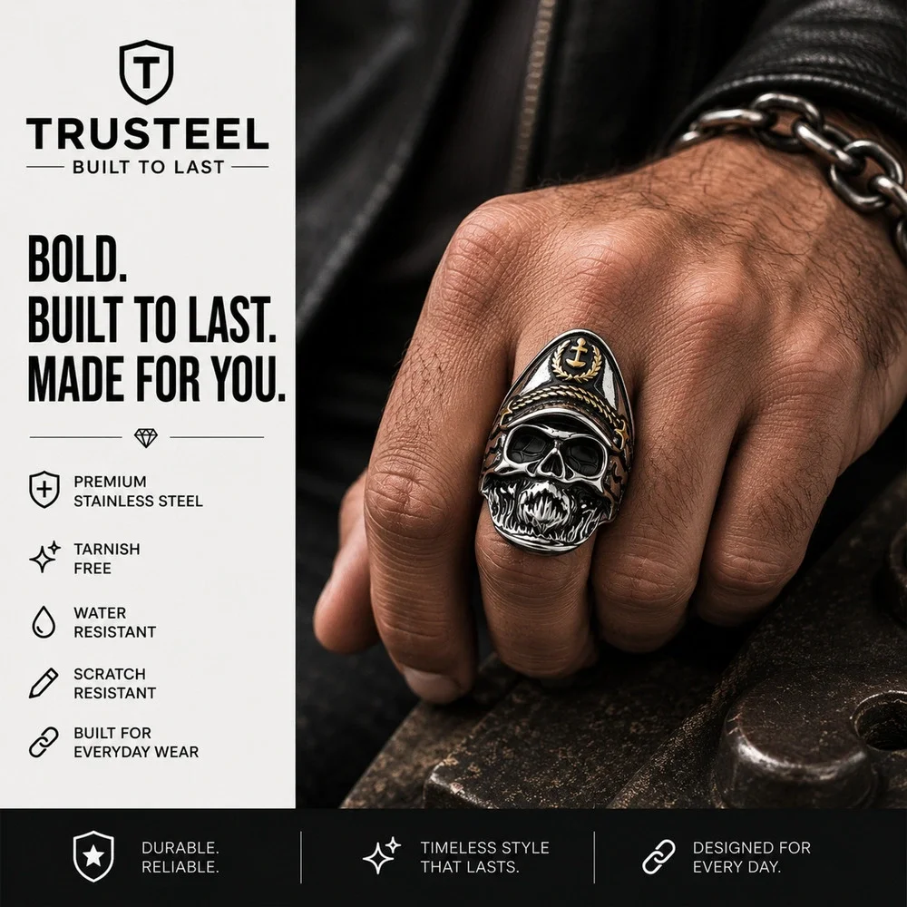 Men’s 316L Stainless Steel biker Captain skull hypoallergenic Ring Size 14